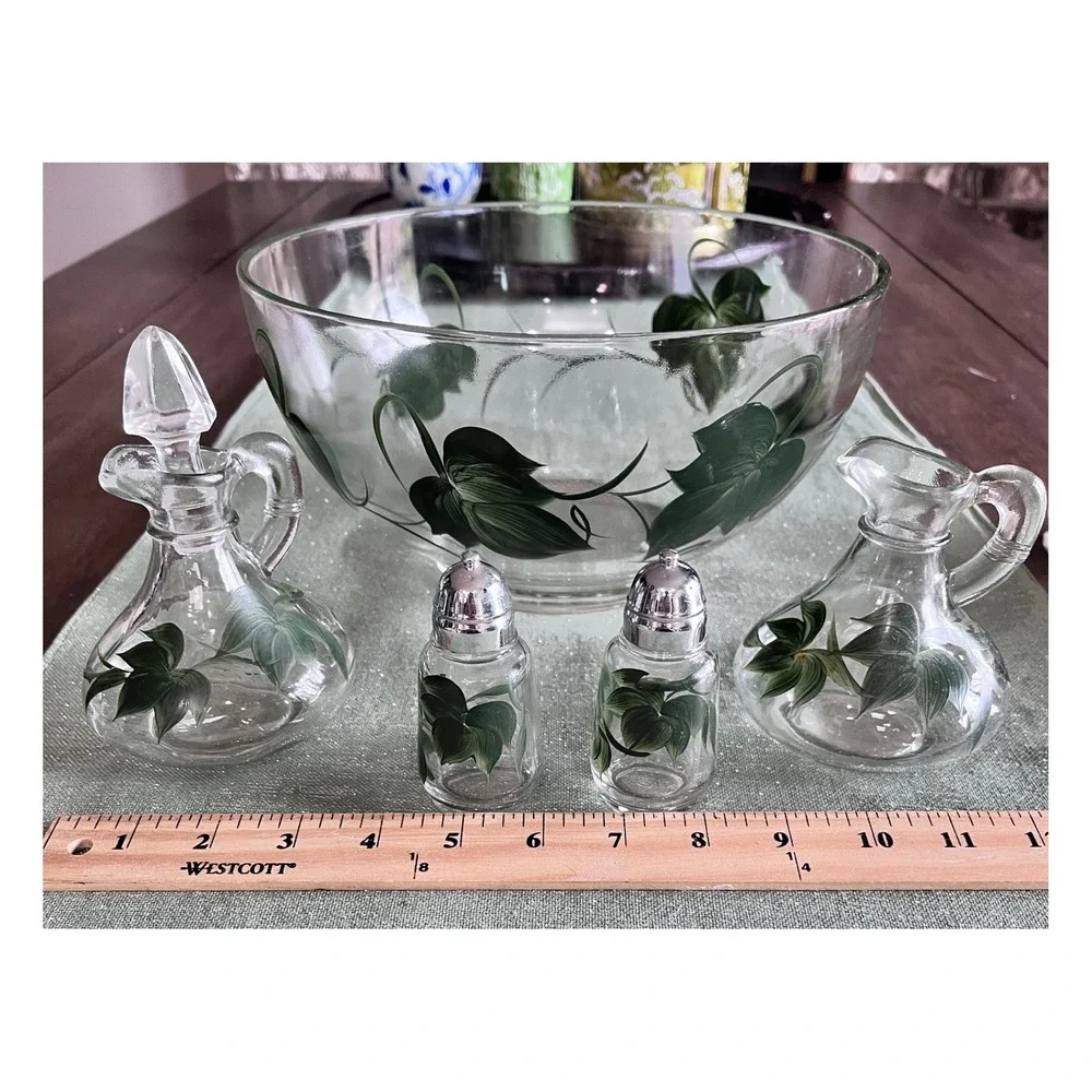 Vintage Hazel Atlas Green Ivy Glass Salad Set Bowl Cruets Salt Pepper Shakers